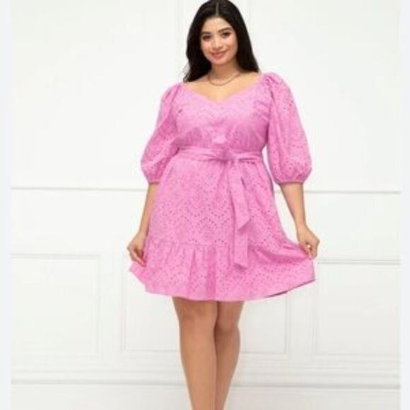 Eloquii Dresses & Skirts - ELOQUII Elements Women’s Belted Eyelet Dress Puff Sleeve Mini Dress Plus Size 18